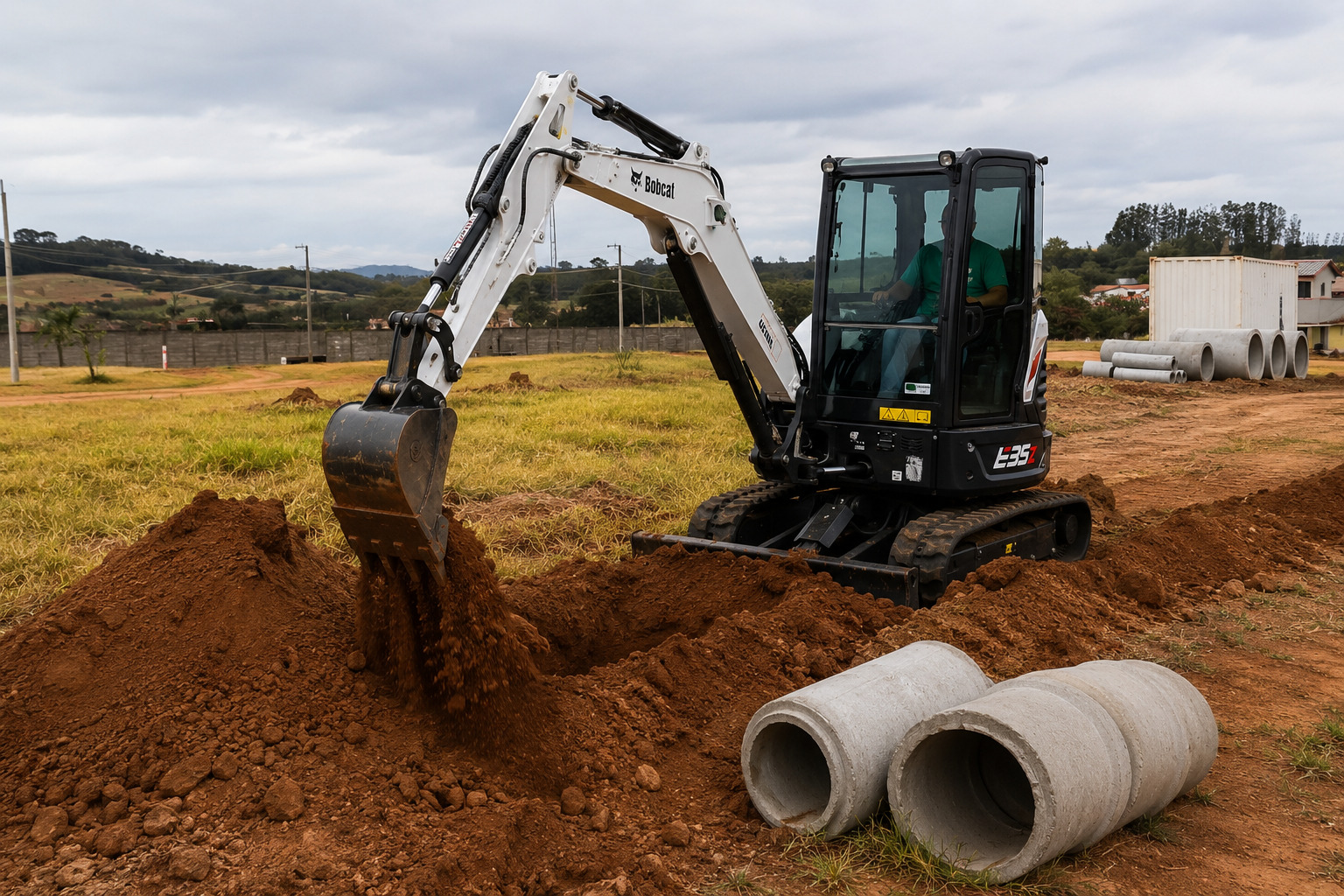 Mini Escavadeira Bobcat E35Z trabalhando em obra de drenagem